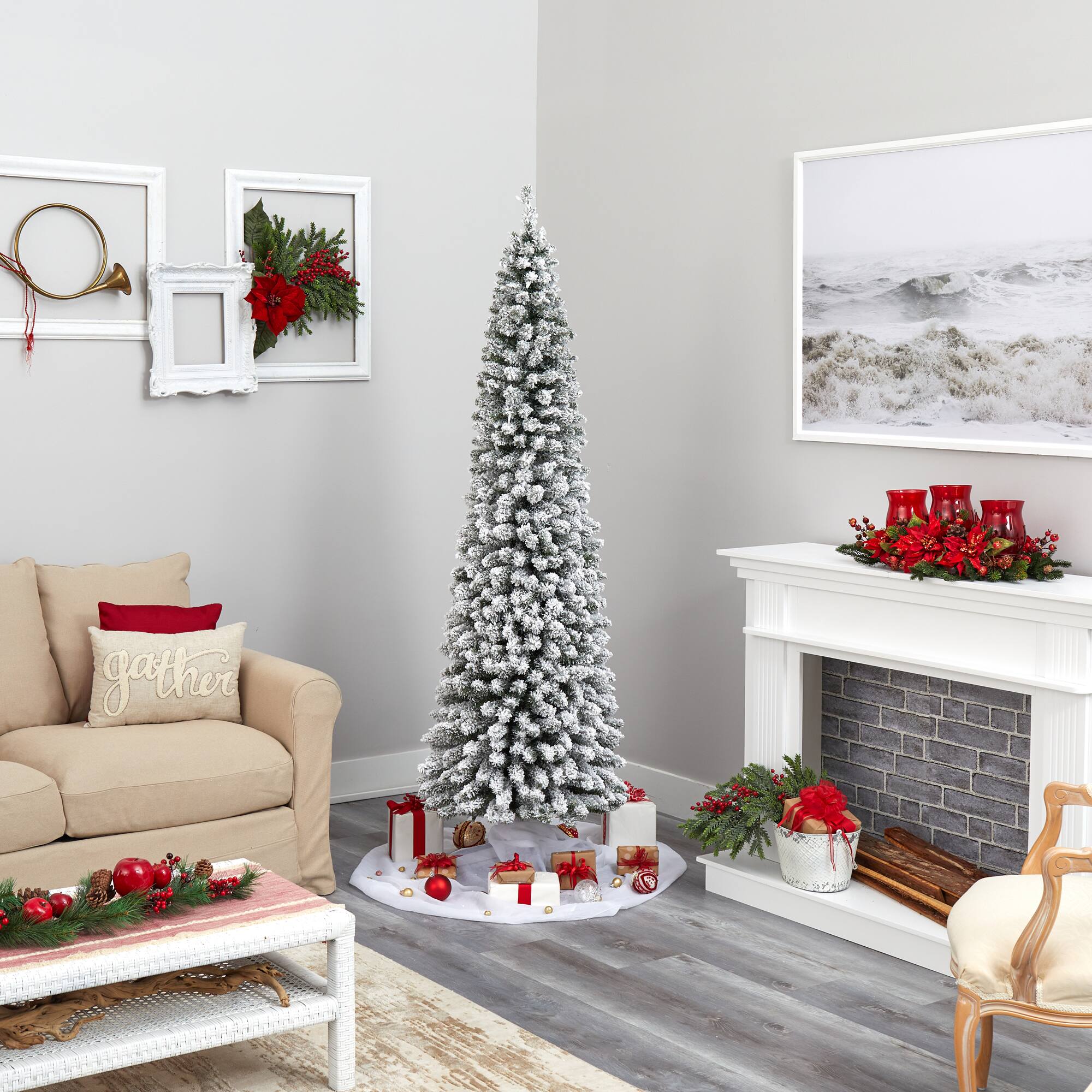 7ft. Pre-Lit Flocked Pencil Artificial Christmas Tree with Clear LED Lights